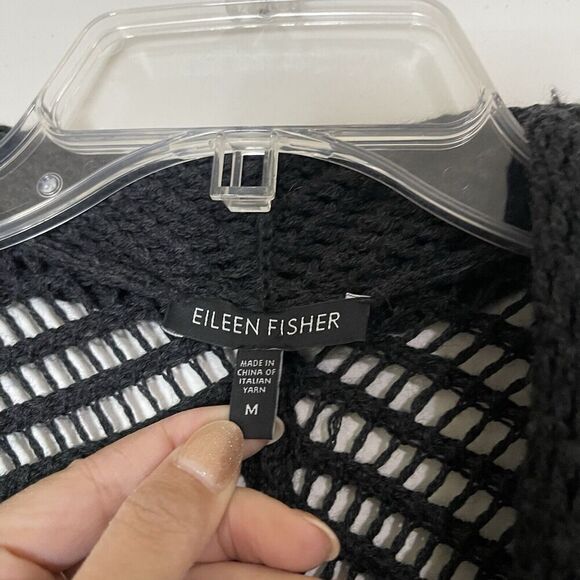 EILEEN FISHER open knit crochet long tunic gray sweater cardigan merino wool Med - Picture 5 of 5